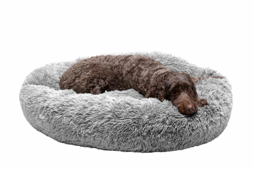 Calming Cuddler Long Fur Donut Bed – Large 36″, Mist Gray Beds & Mats