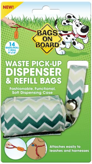 Fashion Waste Pick-Up Bag Dispenser Green Chevron Print 14 Bags Dog